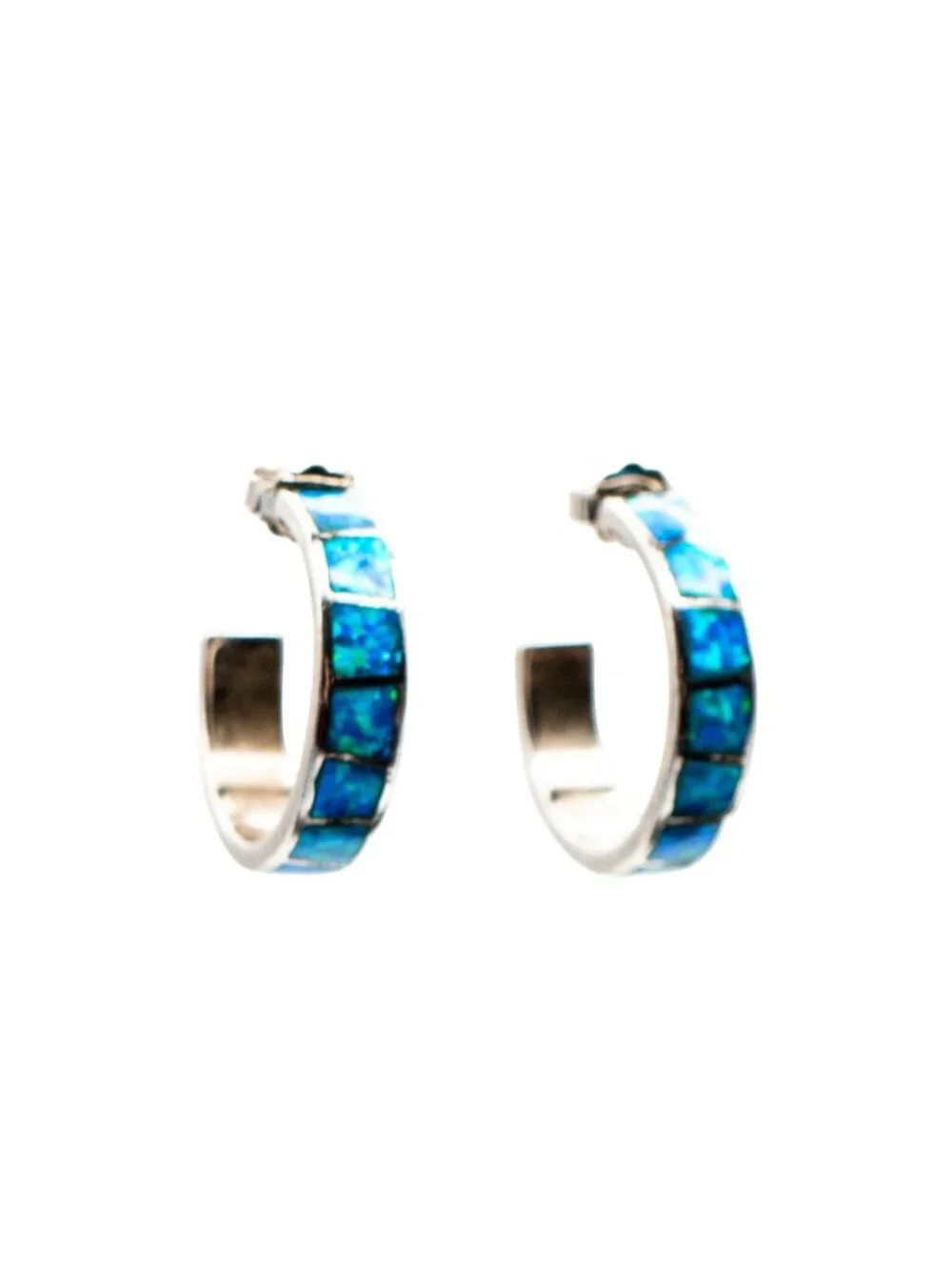 Sterling Silver Blue Opal Inlay Hoop Earrings Huggie Hoops October Birthstone